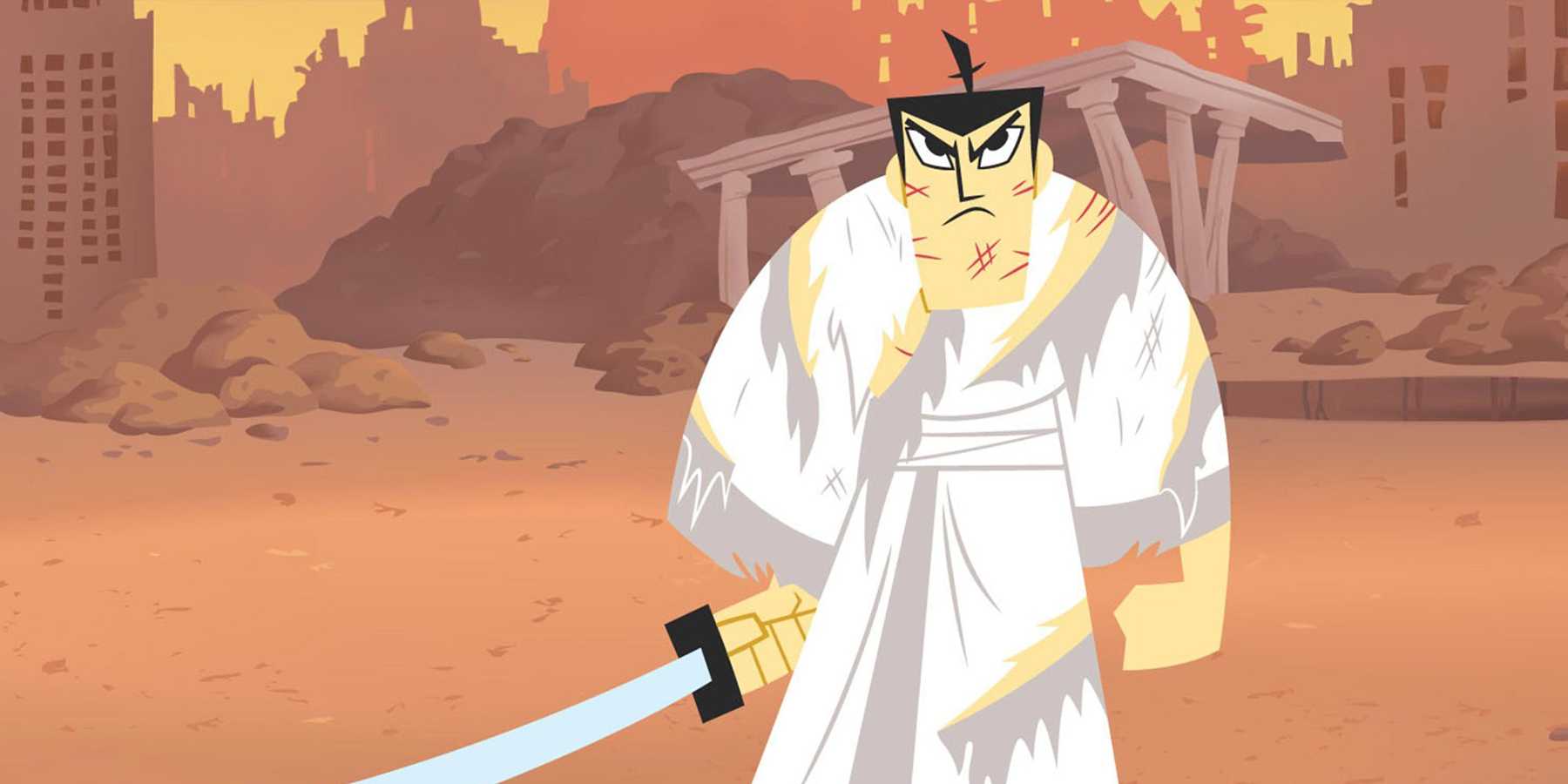 Samurai Jack stands bedraggled in front of a destroyed city.