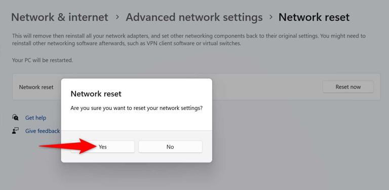 "Yes" highlighted in the "Network Reset" prompt.