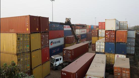 Stacks of containers seen inside a container terminal in Kolkata on February 13, 2025.