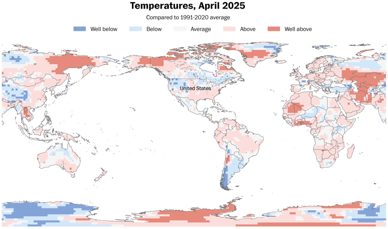 Global temperatures have been above average for 63 percent of the planet so far during April.