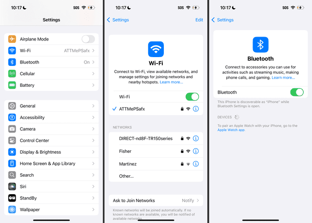 iPhone Settings app showing Wi-Fi and Bluetooth options