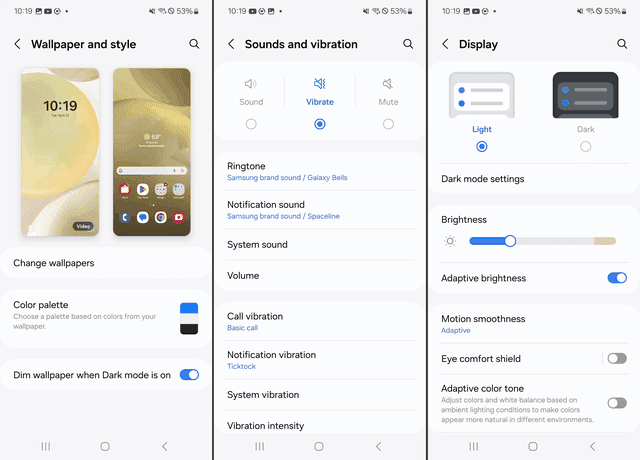 Wallpaper, Sounds, and Display settings on a Samsung Galaxy smartphone