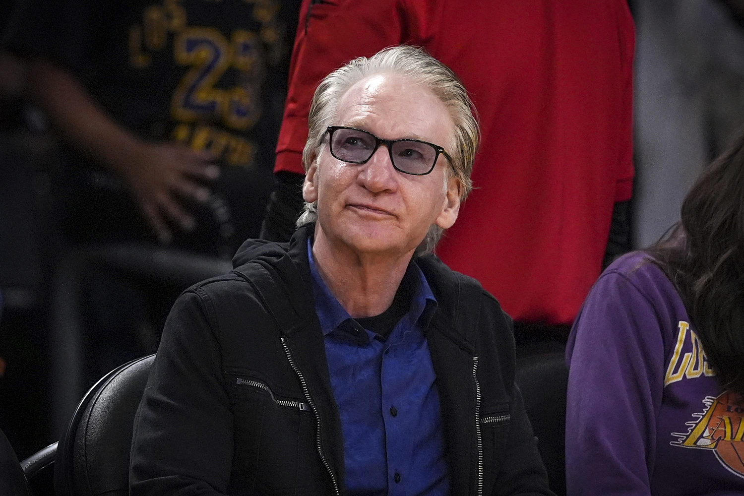 Bill Maher at an NBA basketball game between the Los Angeles Lakers and the Golden State Warriors on April 3, 2025, in Los Angeles.