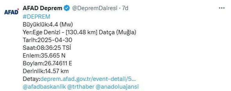 Son dakika: Muğla'da 4.4 büyüklüğünde deprem