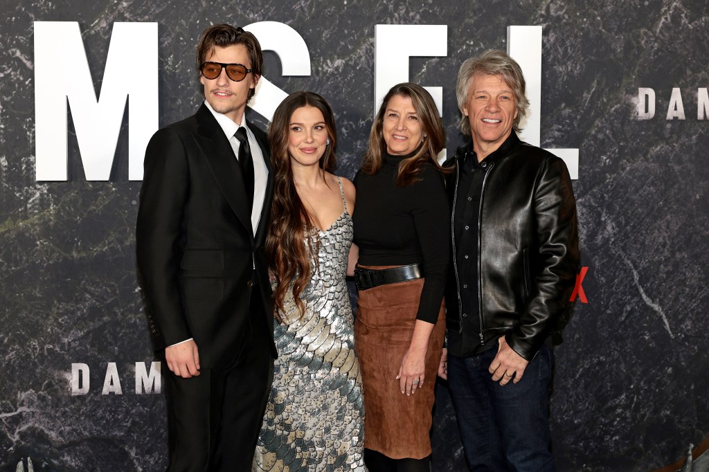 Jake Bongiovi, Millie Bobby Brown, Dorothea Hurley, and Jon Bon Jovi attend the Damsel World Premiere at The Plaza on March 01, 2024 in New York City. Getty Images for Netflix