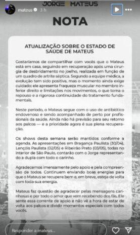 O comunicado da assessoria de Mateus, dupla de Jorge (Reprodução: Instagram)