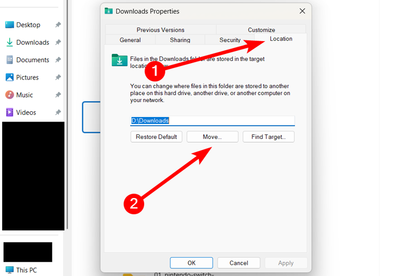 Moving the location of a folder in Windows 11.