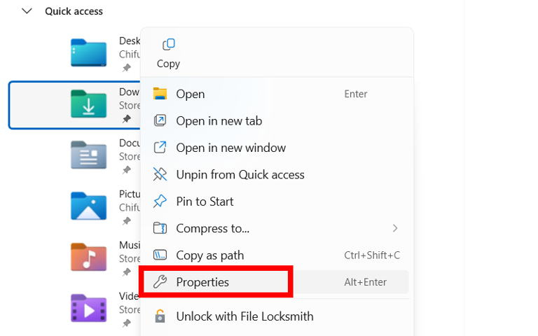 Selecting the "Properties" option after right-clicking a folder on Windows 11.