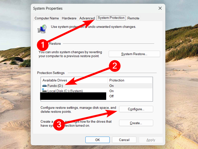 Configuring System Restore on Windows 11.