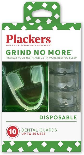 Packaging of disposable Plackers Grind No More dental guards for teeth protection and better sleep, includes 10 guards for up to 30 uses