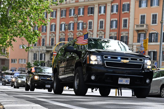The motorcade of U.S. Vice President JD Vance is seen en route to the Vatican (Kenny Holston/Pool Photo via AP)