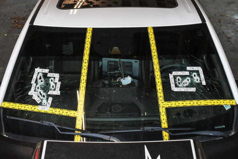 The windshield of Weldon Boyd’s truck, showing dash-mounted Samsung tablet, at the Horry County Police Department’s impound lot in Conway, S.C., in September 2023.