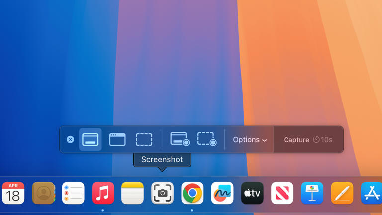 In the Screenshot app (which I've put on the Dock here, but you can also open any time by hitting Shift + Command + 5) you can choose whether you want a screenshot or video recording, tweak the settings and more. (Image credit: Future)