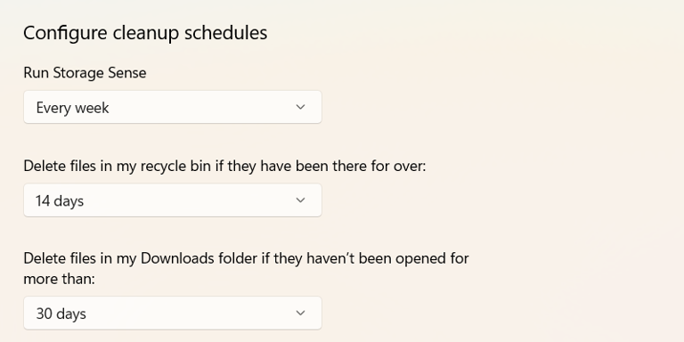 Configuring Storage Sense in Windows 11.