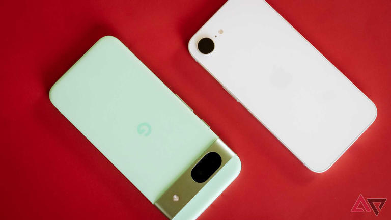 The iPhone 16e next to the Pixel 8a