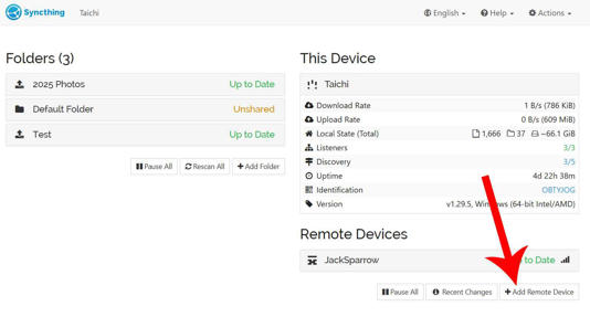 Adding a remote device in Syncthing.