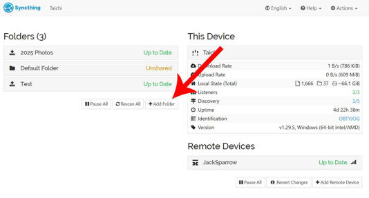 Adding a folder in Syncthing.