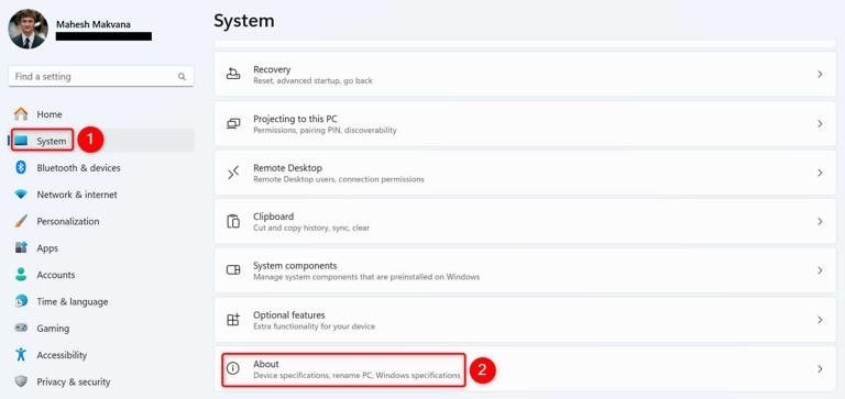 "System" and "About" highlighted in Settings.