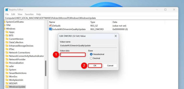 "Value Data" and "OK" highlighted for the "ExcludeWUDriversInQualityUpdate" item.