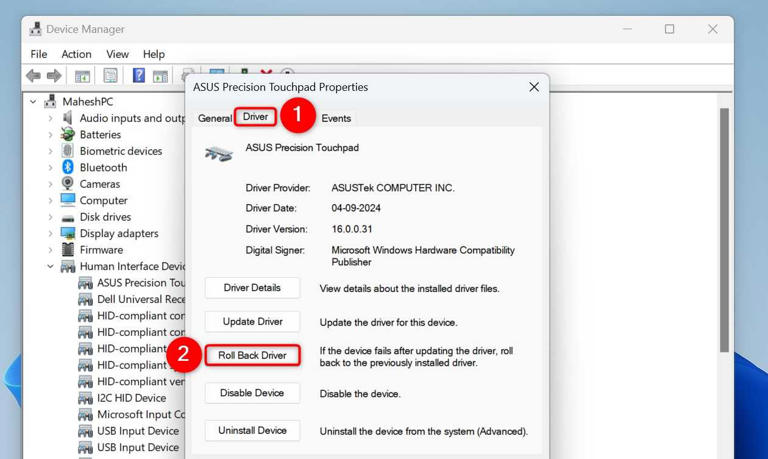 "Roll Back Driver" highlighted on the "Properties" window.
