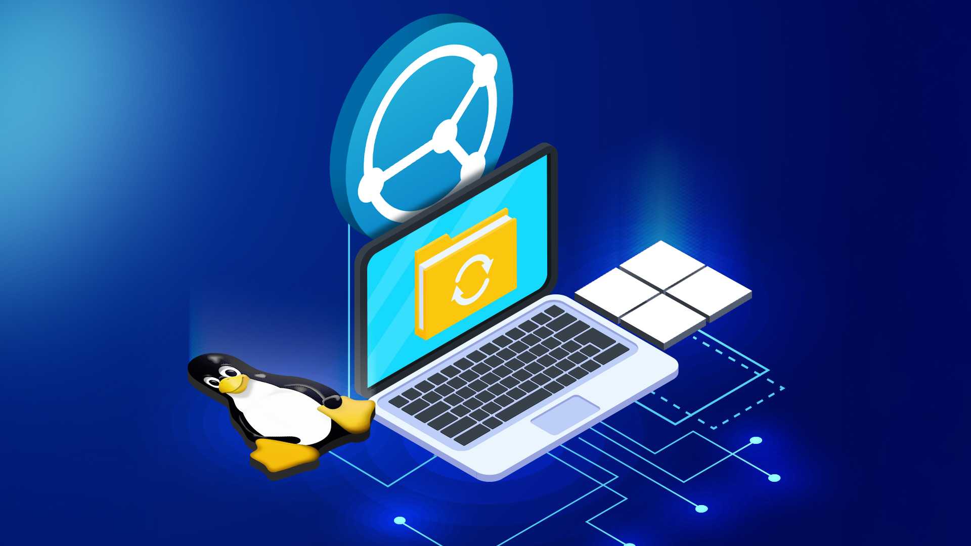 A laptop connected to the Syncthing, Windows, and Linux logos, with a folder icon being synced on the screen.
