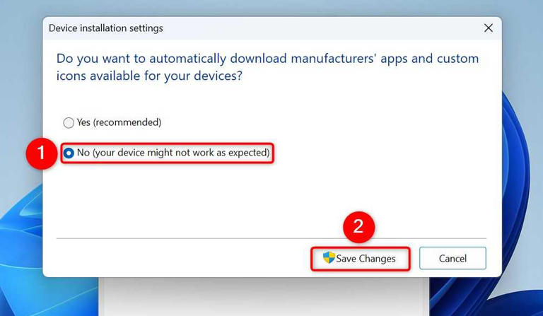 "No (Your Device Might Not Work as Expected)" and "Save Changes" highlighted on the "Device Installation Settings" window.