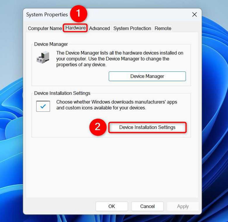 "Hardware" and "Device Installation Settings" highlighted on the "System Properties" window.