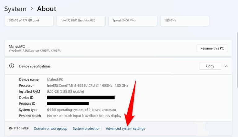 "Advanced System Settings" highlighted in Settings.