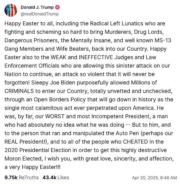 Trump's unconventional Easter message with a dig at Biden