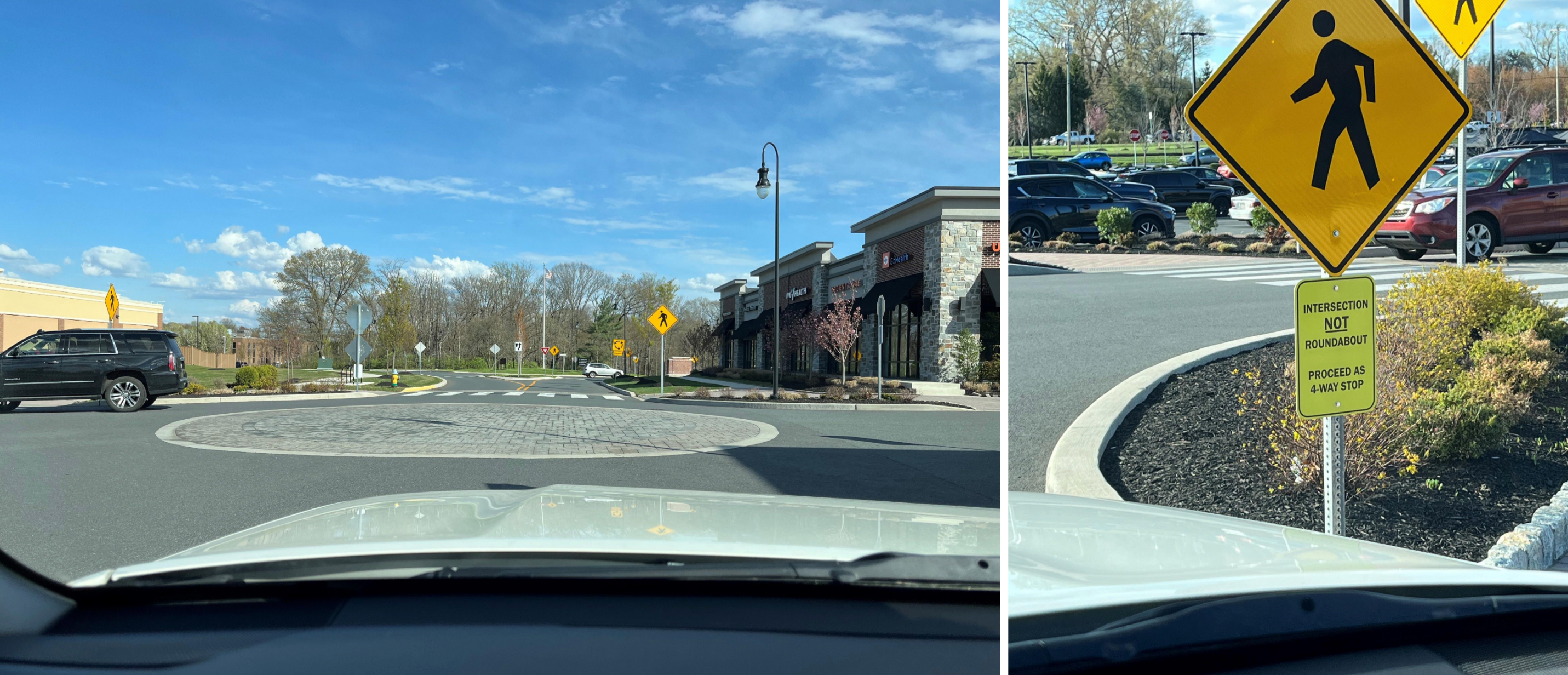 View from a car approaching a roundabout with pedestrian crossing signs. Nearby sign notes pedestrians may not have right of way