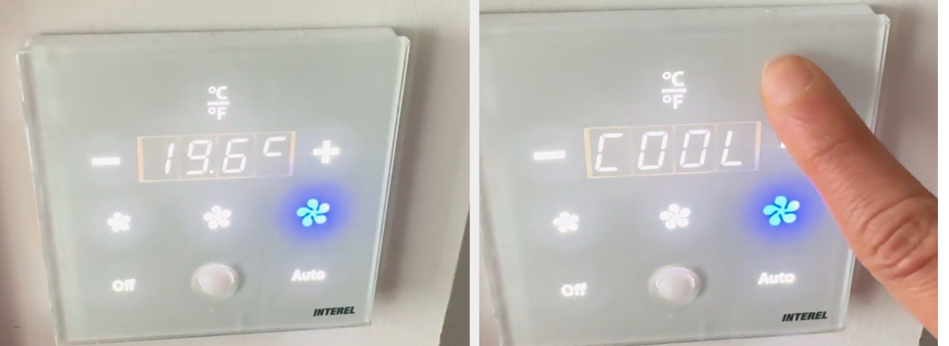 Digital thermostat display showing temperature set to 19.6°C in the first image and "COOL" in the second, with a finger pointing to it