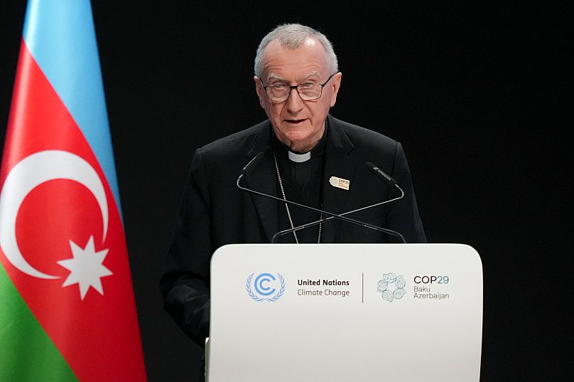 Secretary of State of the Holy See Cardinal Pietro Parolin speaks during a plenary session at the COP29 Climate Summit in Baku, 13 November, 2024 AP Photo