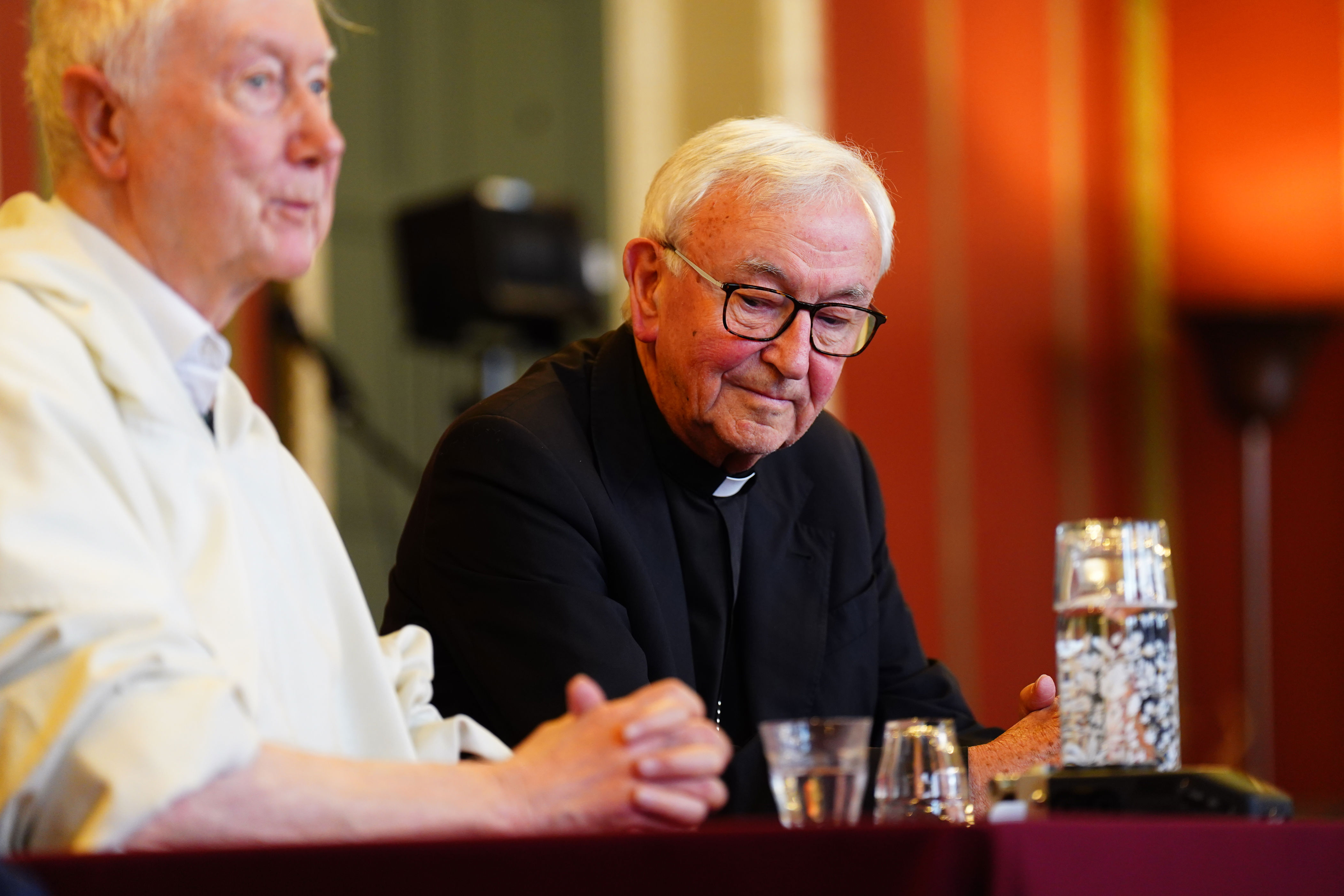 Cardinal Timothy Radcliffe (left) and Cardinal Vincent Nichols during a press conference in the Throne Room of Archbishop’s House, central London, on Monday (James Manning/PA) (PA Wire)