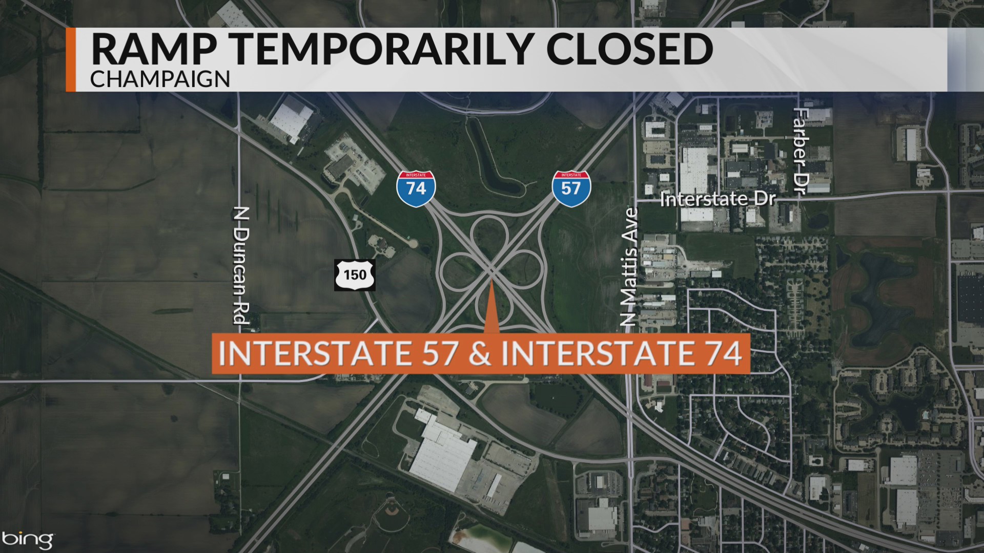 Ramp from I-74 to I-57 in Champaign Co. temporarily closed