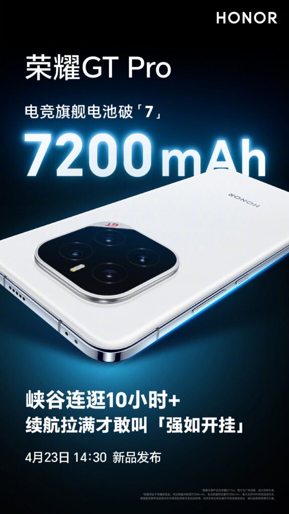 Honor GT Pro packs 7,200mAh battery – the largest ever on a