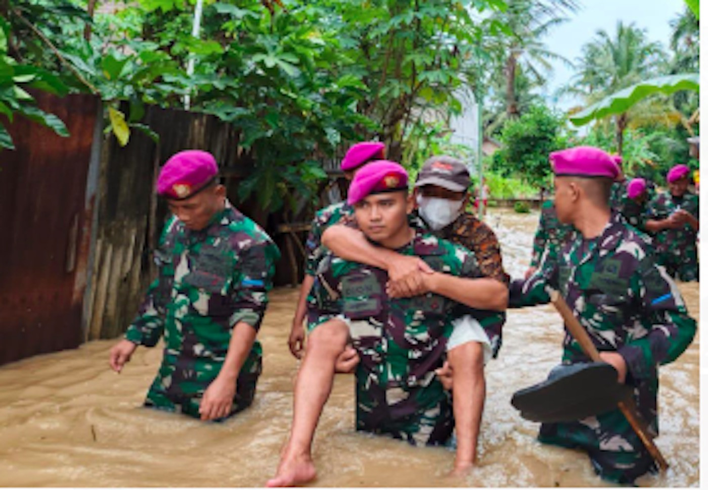 Prajurit TNI AL Cepat Tanggap Evakuasi Warga Terdampak Banjir di Pesawaran Lampung