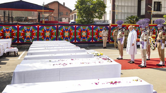 Pahalgam terror attack live: Union home minister Amit Shah pays his last respects to 26 people killed in the Pahalgam terror attack, in Srinagar, Jammu and Kashmir.