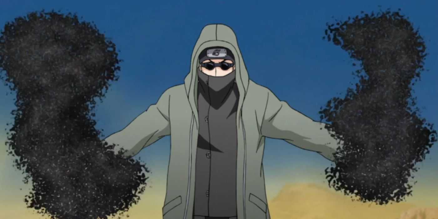 Shino Aburame is summoning an insect swarm in Naruto: Shippuden.