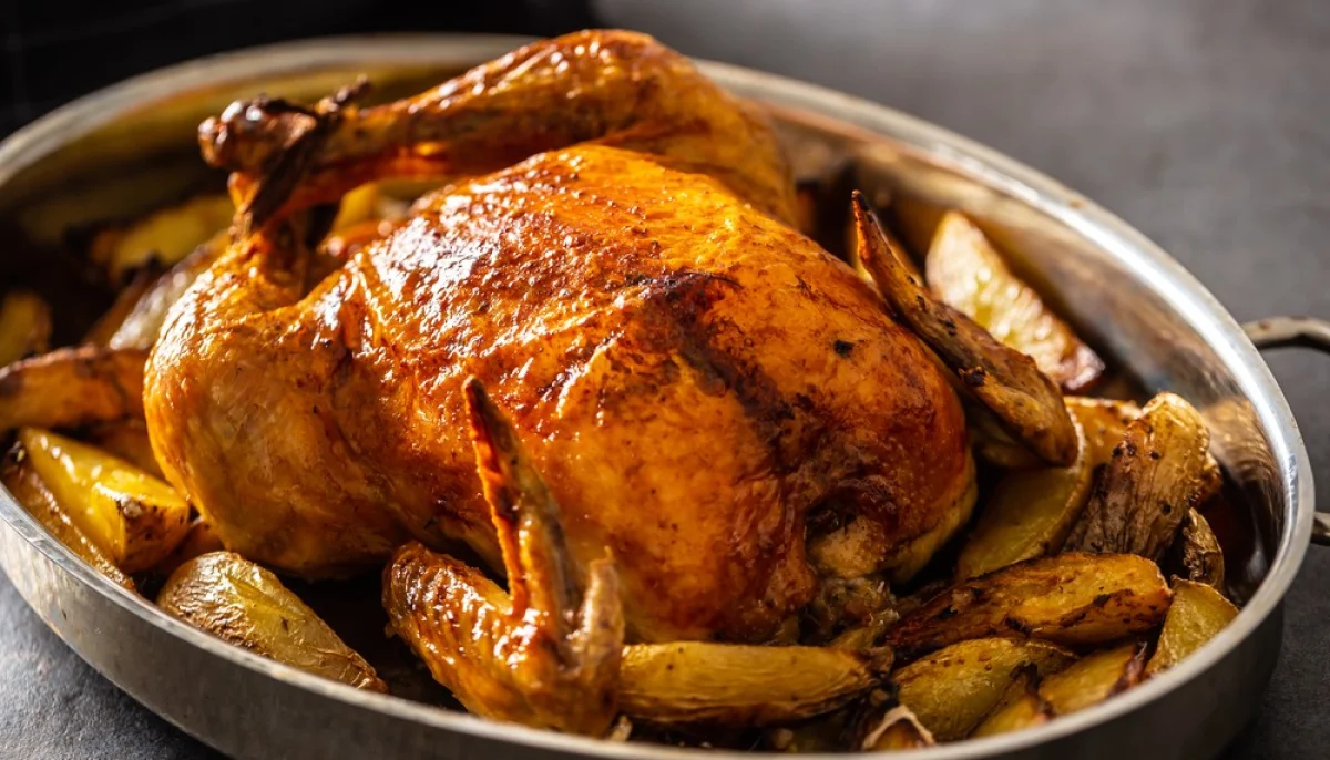Poulet rôti au four avec des pommes de terre et des herbes de Provence
