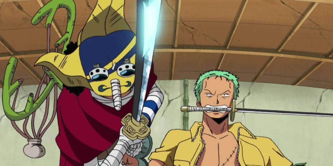 Zoro fights with Usopp as his sword hilt in One Piece