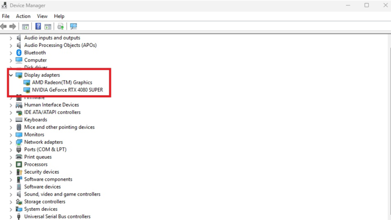 The Windows Device Manager menu with the 'display adapters' option highlighted