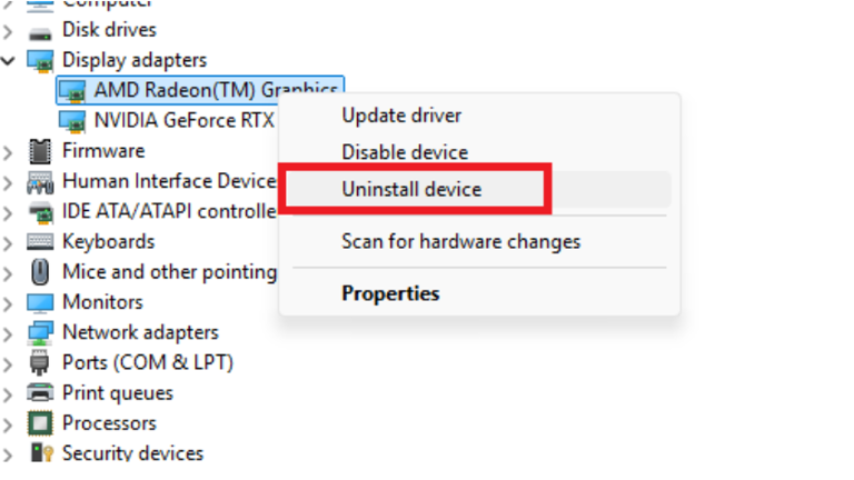 The Windows Device Manager menu with the 'display adapters' right-click menu option 'uninstall device' highlighted