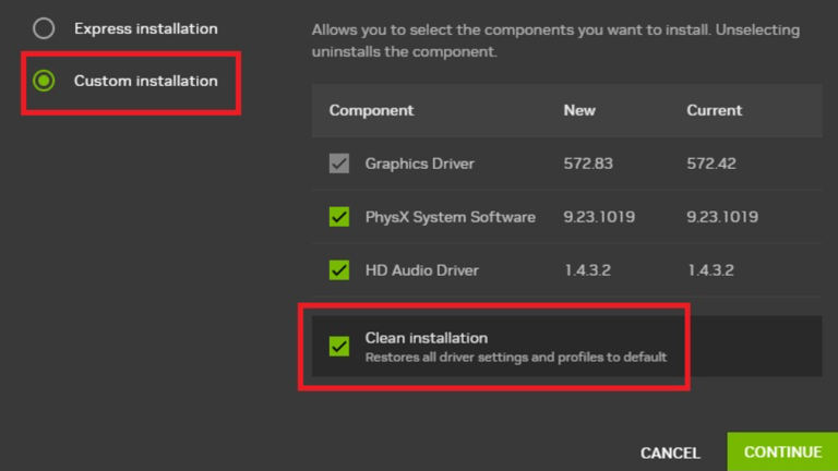 The Nvidia graphics driver installer package interface with installation options highlighted.