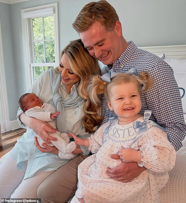 Fox News ' White House correspondent Peter Doocy welcomed a baby boy with wife Hillary Vaughn last week. The pair - seen here with their son and his sister Bridget - are now parents of two