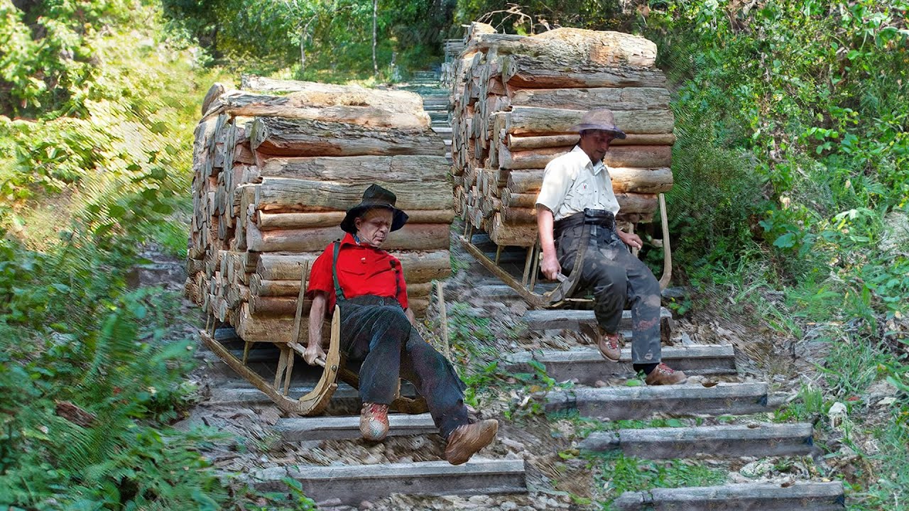 Unique method of log transport in French mountains