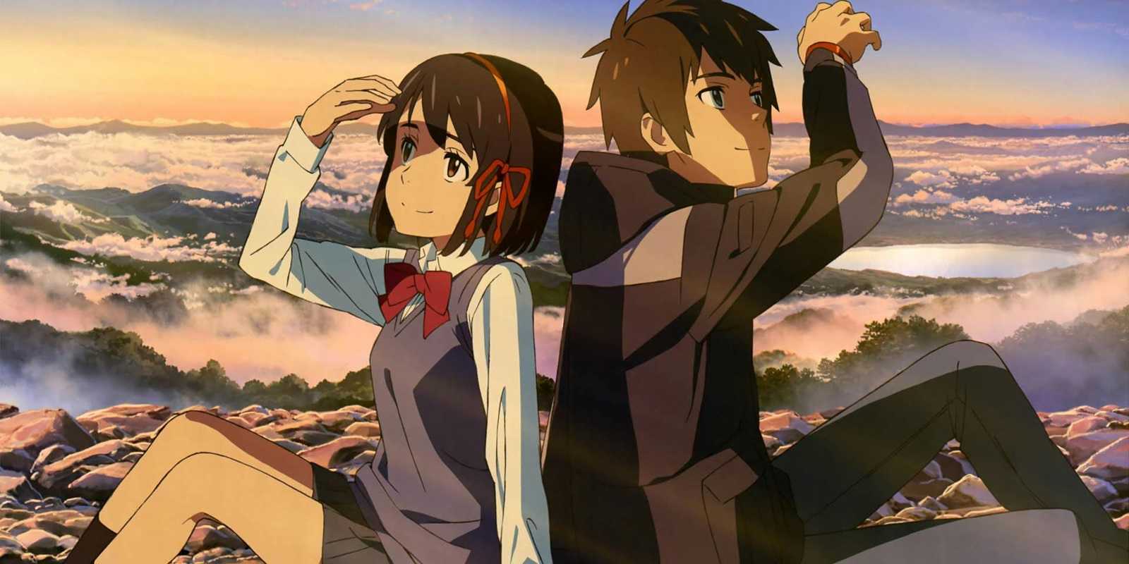 Makoto Shinkai's Your Name with Taki and Mitsuha sitting back to back