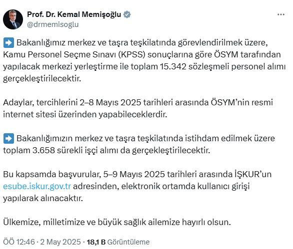 Sağlık Bakanlığı 15 bin 342 sözleşmeli personel alacak