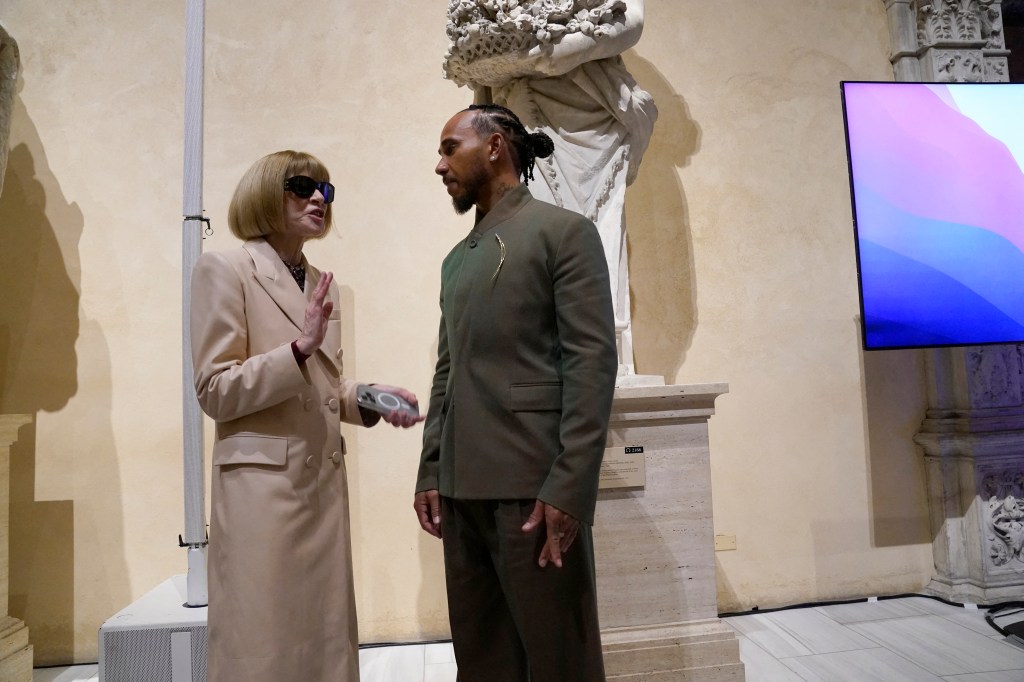 Lewis Hamilton and Anna Wintour attend a press conference for the Metropolitan Museum of Art’s Costume Institute on Oct. 9, 2024.