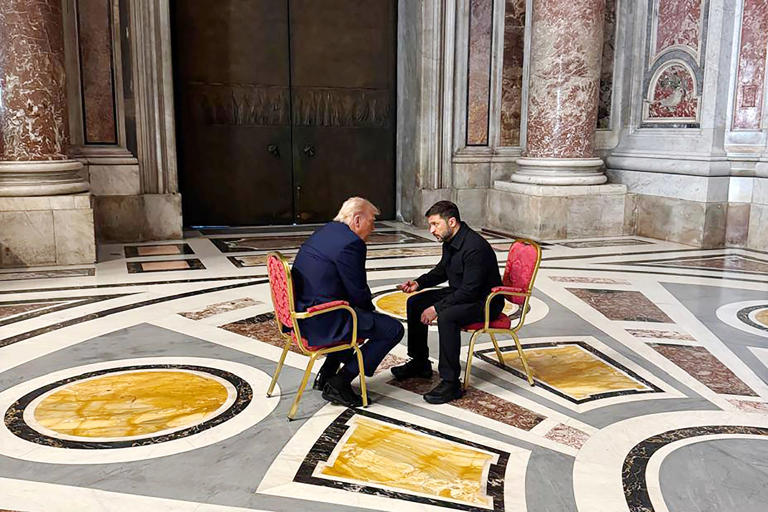 Ukrainian President Volodymyr Zelensky (right) met with US President Donald Trump (left) on the sidelines of Pope Francis’s funeral at St Peter’s Basilica at The Vatican (Picture: Getty Images)