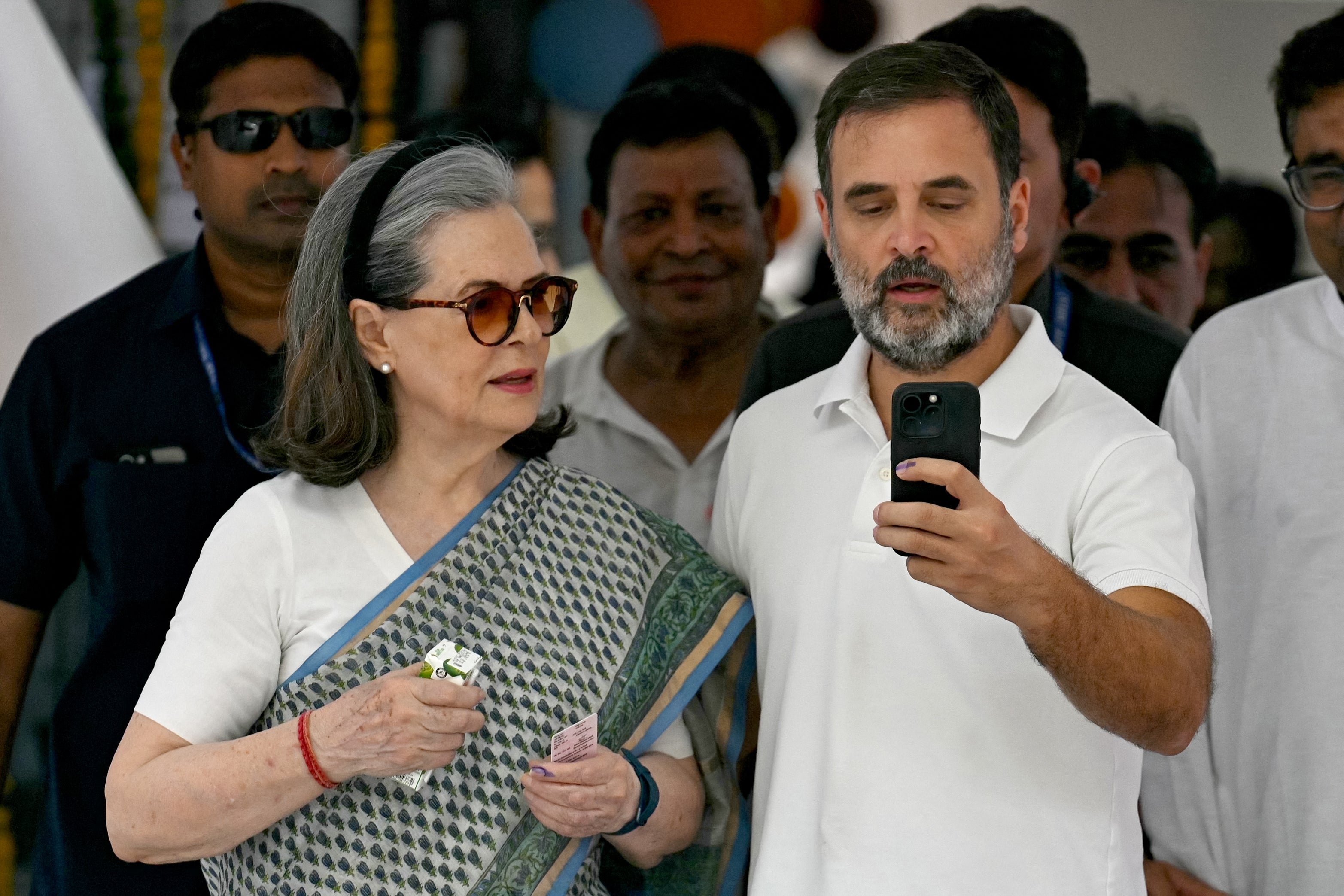 Opposition leader Rahul Gandhi with his mother Sonia Gandhi in New Delhi on 25 May 2024 (AFP via Getty)